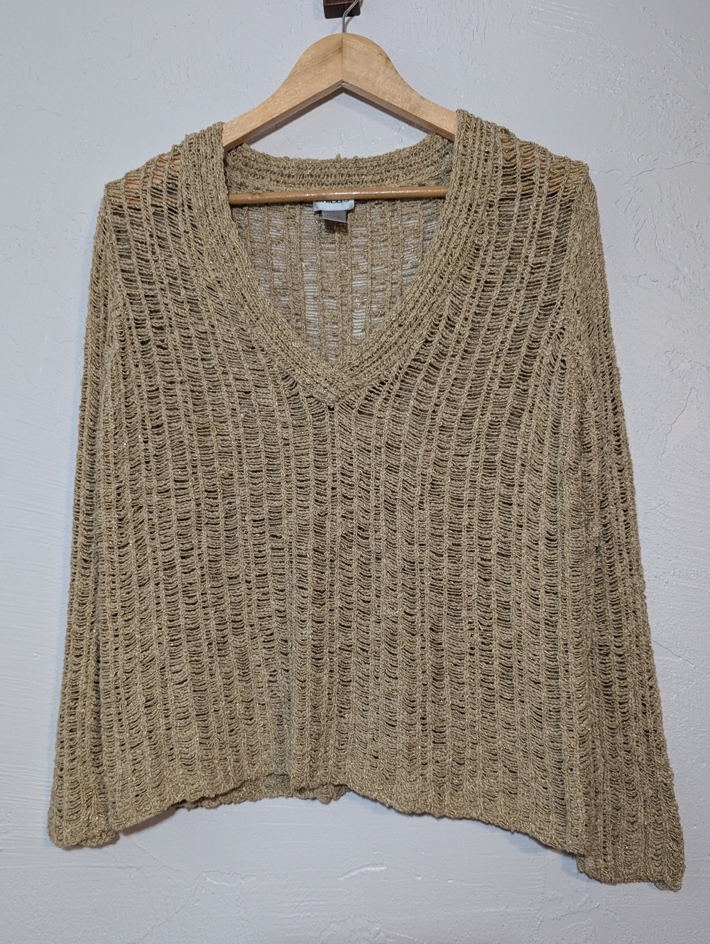 Chicos Gold Distressed Open Knit Beach Sweater Shabby Chic Boho Festival Indie
